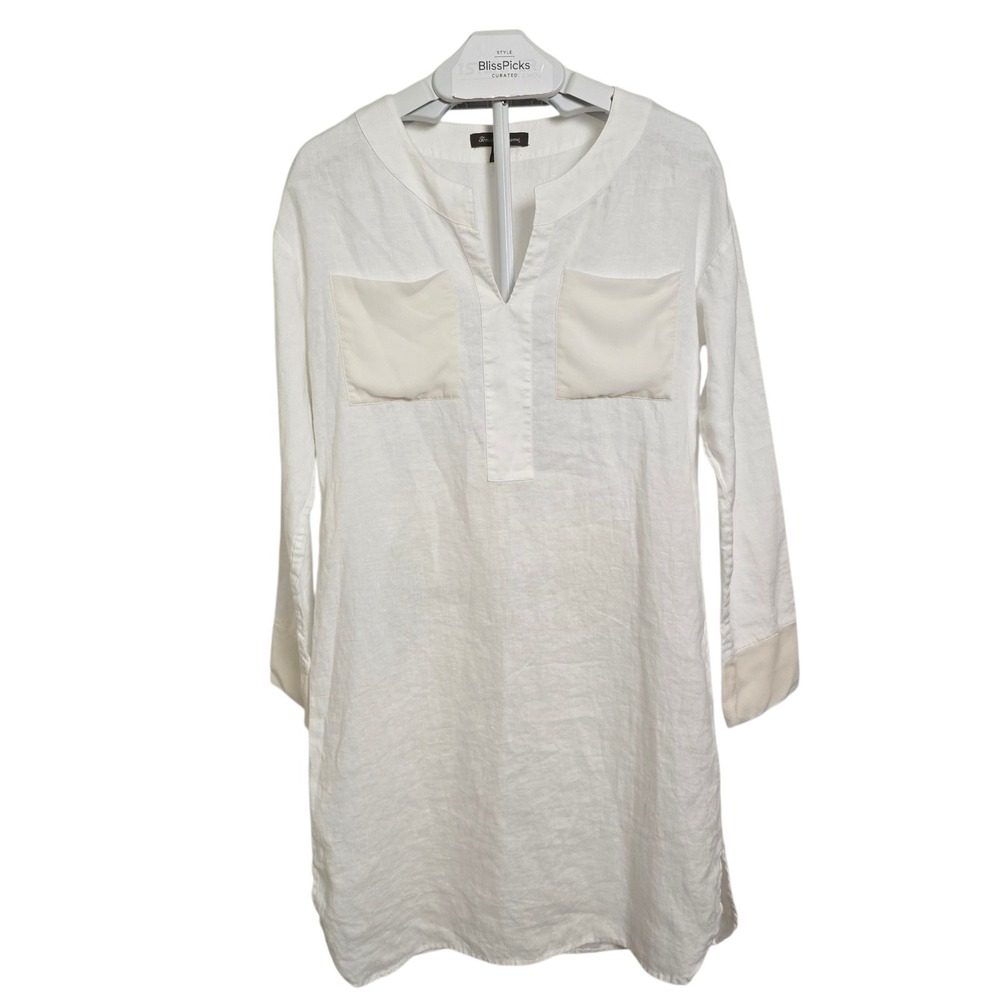 Tommy Bahama Linen Silk Tunic‎ Top Women's White Split Neck Pocket Blouse Small